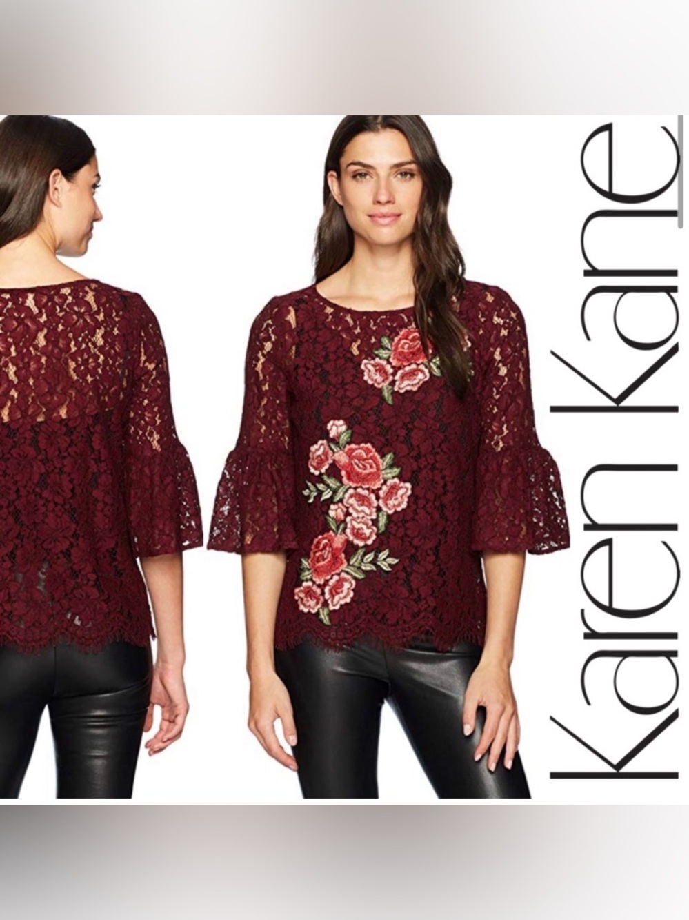 Karen Kane Burgundy Lace with Floral Embroidery Embellished Bell Sleeve Lace Top - Picture 8 of 16